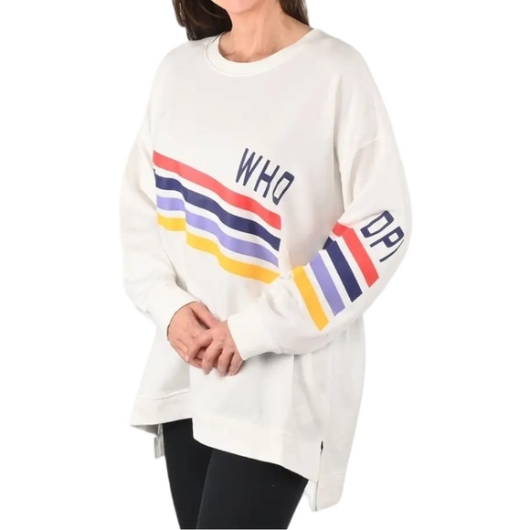 Dubgee Tops - White Whoopi Long Sleeve Multicolor Stripe Logo French Terry Sweatshirt- Dubgee